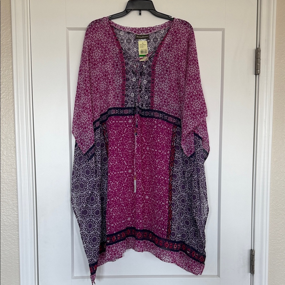 NWT Tommy Bahama Geo Tiles Lace Up Tunic With Tassels In Wild Orchid Pink, L/XL
